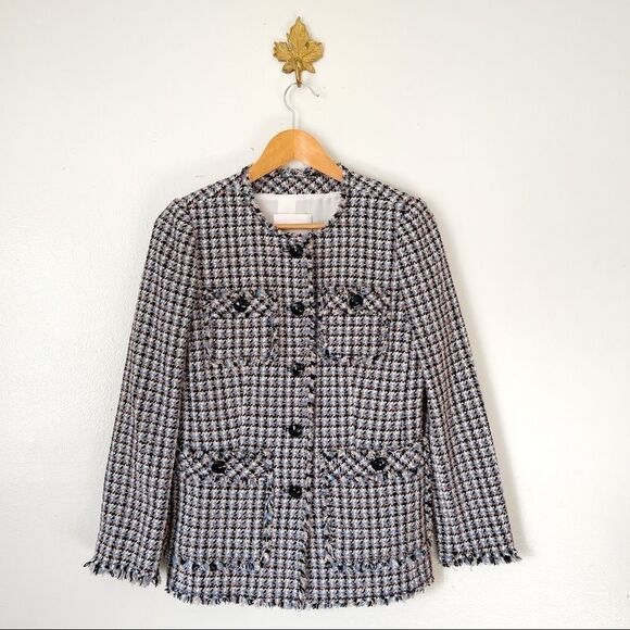 Rebecca Taylor Houndstooth Tweed Blazer in Robins Egg Combo NWOT single breasted - Picture 1 of 11
